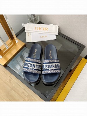 Dior Dway Slide Sandals in Navy Reverse Embroidered Cotton 2022 Collection
