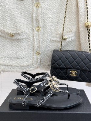 Chanel Tweed Camellia CC Pearl Flip Flops Sandal Black 2025