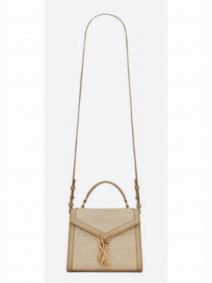 SAINT LAURENT CASSANDRA MINI TOP HANDLE BAG IN CANVAS AND BOX SAINT LAURENT LEATHER 623930 BEIGE ET SEA SALT