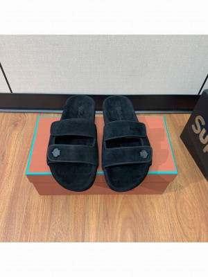 Loro Piana Man's Suede Flat Slippers Black