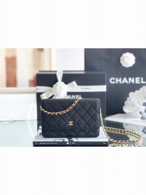 Chanel Grained Calfskin Classic Wallet on Chain WOC Black/Gold 2024 Top Quality