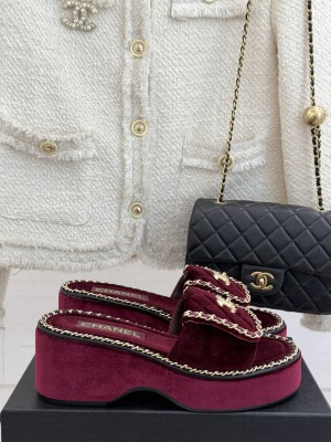 Chanel platform CC Turn Lock with chain slippers burgundy velvet 2025