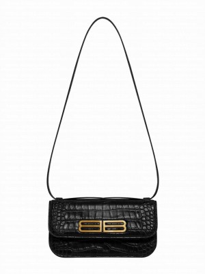 Balenciaga Gossip Small Double-Flexible Crocodile Embossed Calfskin Handbag Black