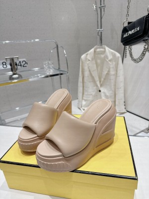 Fendi Fashion Show 14cm Heel First Wedge Slide Sandal Beige