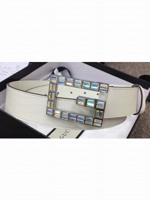 Gucci Width 3.5cm Leather Belt White with Crystals Square G Buckle
