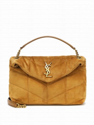 Saint Laurent Loulou Puffer Medium Bag In Quilted Suede And Lambskin Coffee