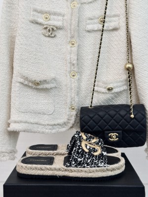 Chanel Tweed Espadrilles Slide Mules Black
