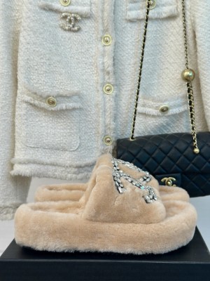 Chanel Wool Platform Rhinestone CC Logo Slide Mules 2024 Brown