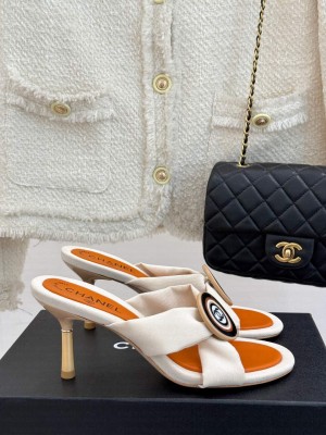 Chanel White/Orange 7.5cm Fabric CC Slide Sandals