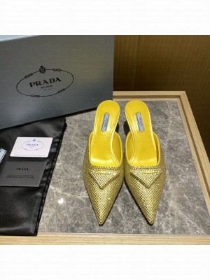 Prada Women's 5.5cm Satin Mule Sandals With Crystals 2022 Collection,Yellow