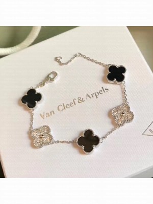 Van Cleef&Arpels Fiver Clovers Crystal Bracelet Black Silver Collection