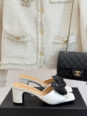 Chanel Lambskin Camellia Bow Heel Slides Mule White 2025 