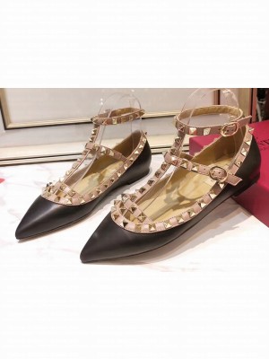 Valentino Rockstud Caged Ankle Strap Ballet Flats Ballerinas in Leather Black