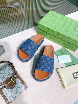 Gucci Women's Original GG Platform Slide Sandal 573018 Denim 2021 Collection 
