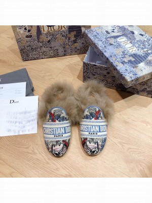 DIOR OFF MULE Multicolor Embroidered Cotton Fur Flat Slippers 01