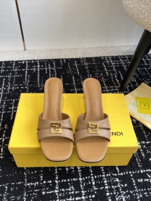 Fendi FFold medium-heeled slide sandals 6cm in Calfskin Brown