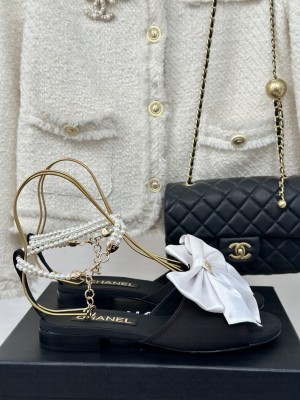Chanel Silk Flat Sandals with Maxi Bow and Pearls Balck/White 2024 G45813