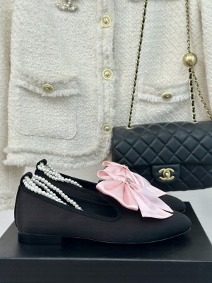 Chanel Velvet with Pink Maxi Bow and Pearls Flat Black