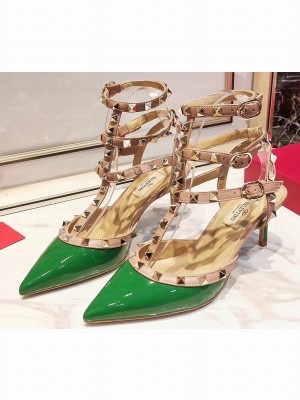 Valentino Heel 9.5cm Rockstud Caged Ankle Strap Pumps in Patent Leather Green