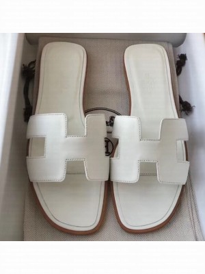 Hermes Oran Flat Slipper Sandals in Swift Box Calfskin White 02