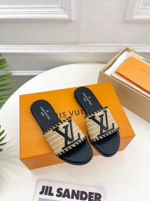 Louis Vuitton Starboard Flat Slide Sandal in LV Raffia and Leather 2023 Black