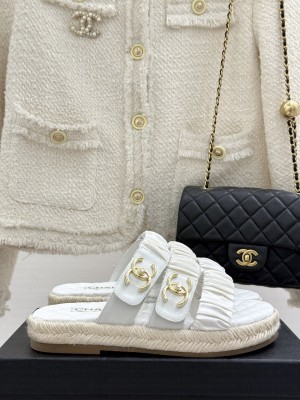 Chanel Three-Strap Buckle Espadrilles Slide White 2025