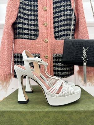 Gucci Lambskin Platform 11cm Heel Sandals with GG Chain 2023 White