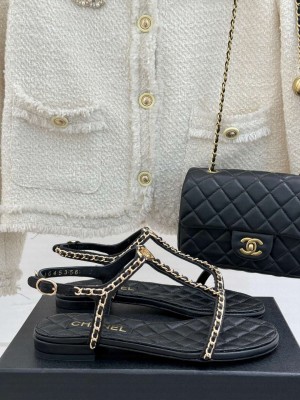 Chanel Lambskin with Chain and Heart G46109 Flaat Sandals Black