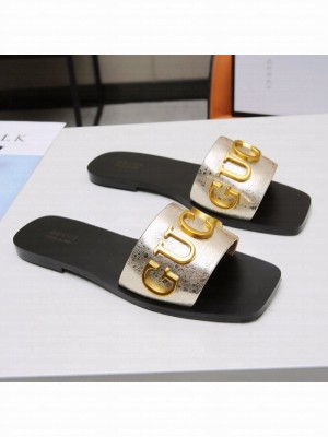 Gucci Gold Signature Calfskin Slide Sandals Gold 2021 (For Women and Men) Collection