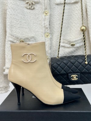 Chanel Lambskin & Grosgrain Pointed Toe Boot 2024 Beige