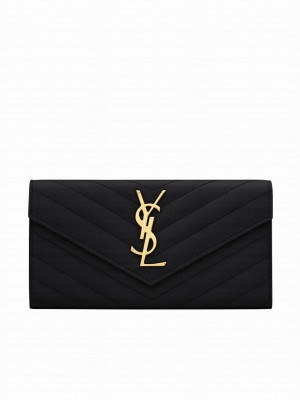 Saint Laurent Monogram Large Flap Wallet In Grain De Poudre Embossed Leather Black