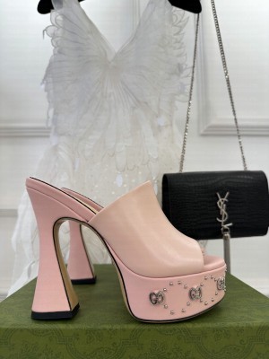 Gucci Leather Platform Slide Sandal 15cm with Interlocking G Studs 2023 Pink
