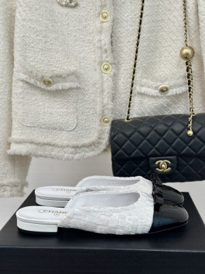 Chanel Women's Velvet & Patent Leather Slide Flat White