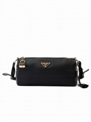 Prada Medium Re-Nylon And Leather Shoulder Bag With Padlock 1BC233 Black