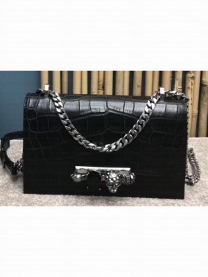 Alexander Mcqueen Jewelled Satchel Bag Embossed Croc Black/Silver