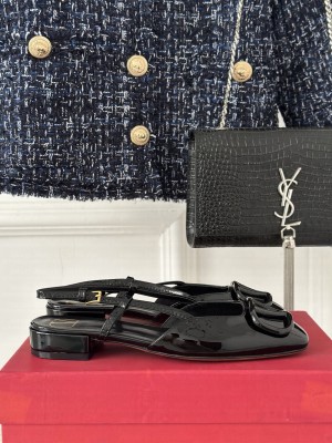 Valentino Metal-Tone VLogo Leather Slingback Sandals Black