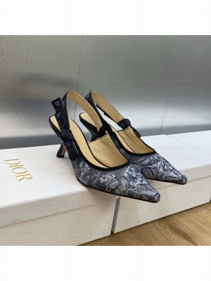 Dior J'Adior Slingback Pumps 6.5cm in Embroidered Cotton Navy