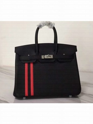 Hermes red Striped Birkin 25 Bag in original togo Leather black