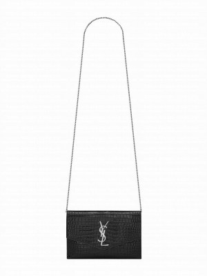 Saint Laurent Uptown Chain Wallet In Crocodile-Embossed Shiny Leather Black