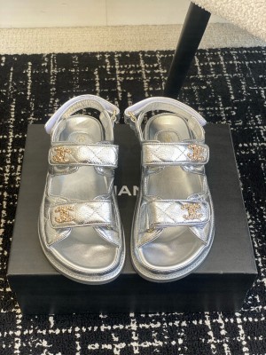 Chanel Grained Calfskin Velcro Dad Sandals Sliver 2025
