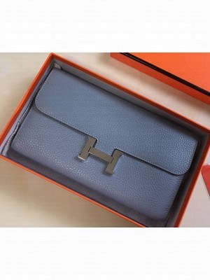 Hermes Epsom Calfskin Constance Long Wallet Clutch Bag Pale Blue