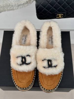 Chanel Suede & Wool Fur Wood Loafer Brown 2024