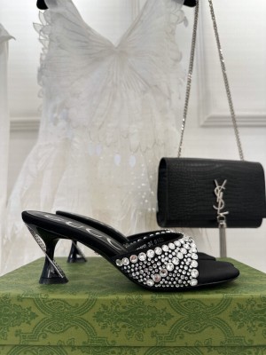 GUCCI WOMEN'S 6.5CM SLIDE SANDALS WITH CRYSTALS BLACK
