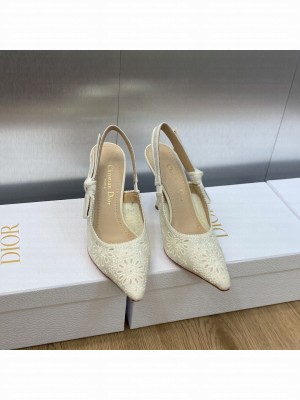 Dior J'Adior Slingback 9.5cm Pump in White Canvas Embroidered with Saint-Gall Motif 2023