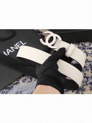 Chanel Width 3.5cm Leather Belt White/Black with Silver CC Logo