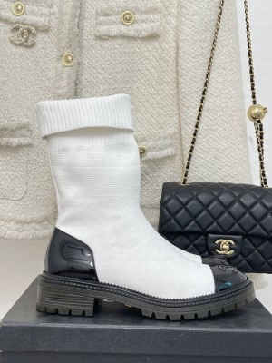 Chanel Women's CC Ankle Boots White Black Knit