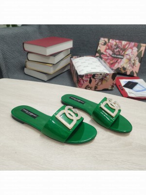 DOLCE & GABBANA CALFSKIN SLIDERS DG CRYSTAL LOGO 2022 GREEN