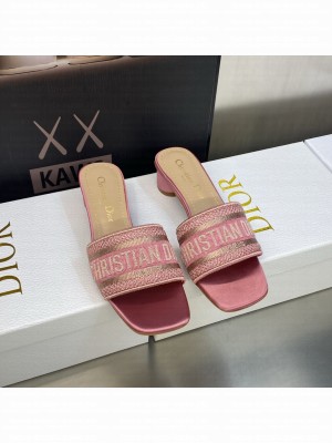 Dior Dway Heeled Slide Sandals 4cm in Cotton Embroidered 2023 Collection 033