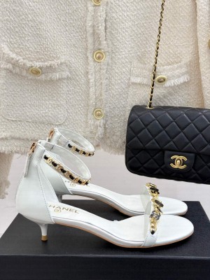 Chanel Calfskin Heel Sandals 3.5cm with Logo Charm White 2025