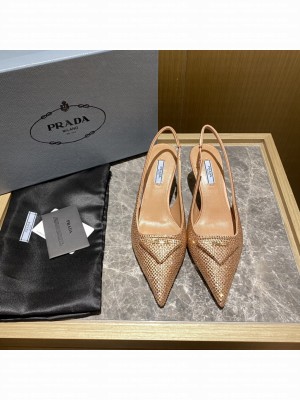 Prada Women's 5.5cm Satin Slingback Sandals With Crystals 2022 Collection,Orange